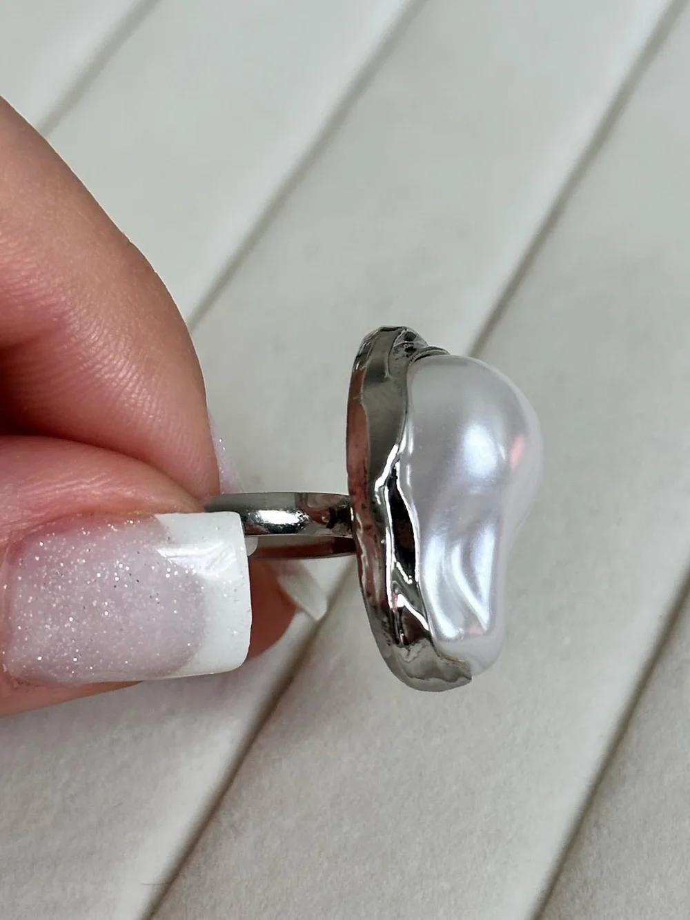 Elegant Silver Pearl Statement Ring Adjustable